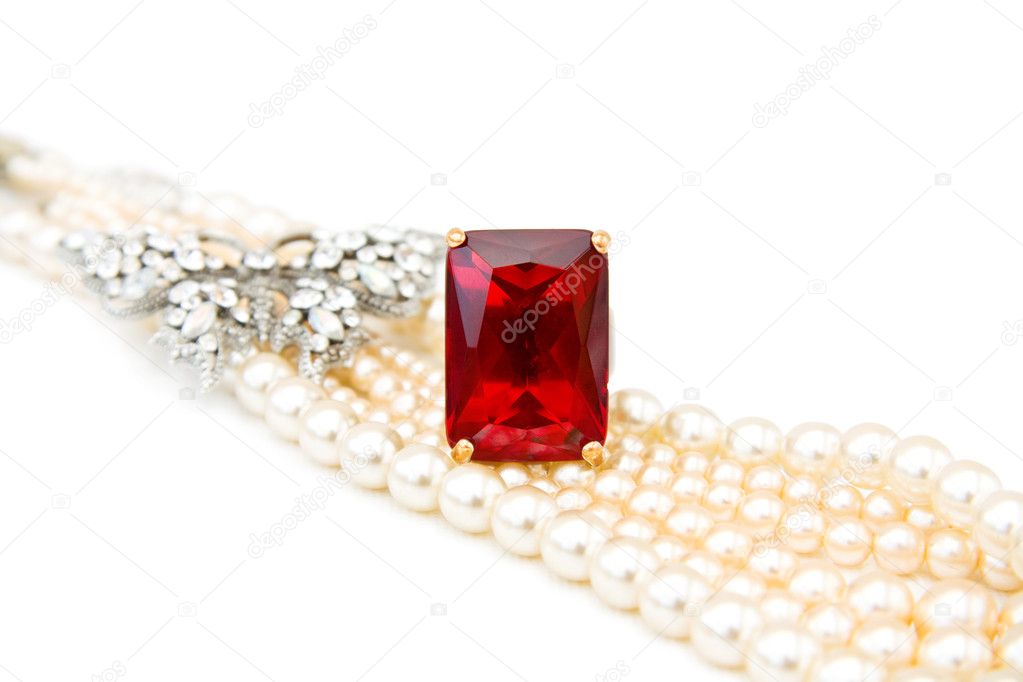 Red ruby ring and pearls
