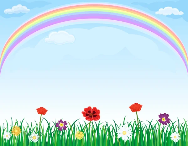 Arco iris sobre prado con hierba y flores — Vector de stock