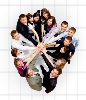 Top view of business with their hands together in a circle clipart