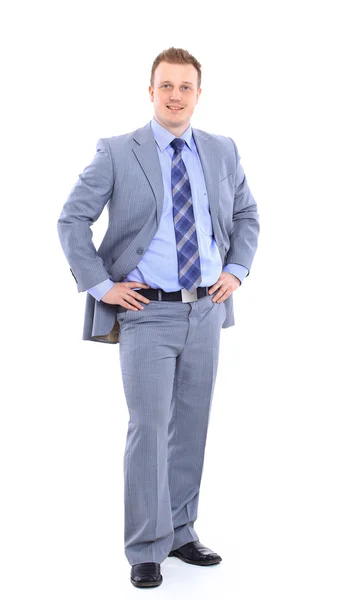 Volle Länge eines gutaussehenden Geschäftsmannes mit gefalteten Händen auf weißem Rücken — Stockfoto