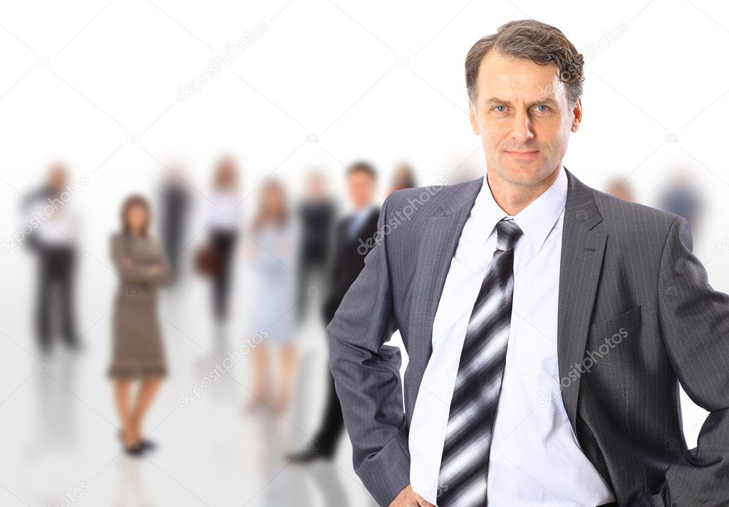 The business man with a command on a white background