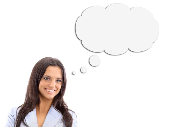 Woman and Blank Thought Bubbles with Clipping Path Isolated on a White Bac — Stock Photo, Image