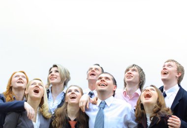 Closeup portrait of many men and women smiling and looking upwards clipart