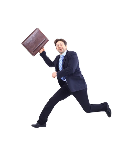 Homem de negócios correndo para o sucesso em sua carreira - isolado sobre branco — Fotografia de Stock