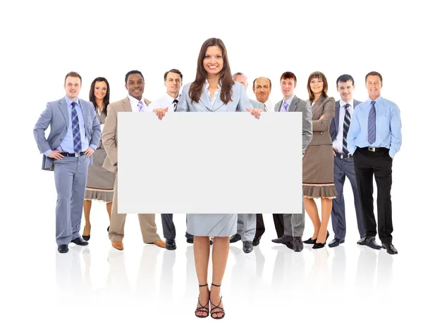 Grupo de negócios segurando um banner anúncio isolado no branco — Fotografia de Stock