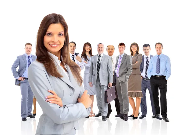 Geschäftsfrau führt ihr Team isoliert vor weißem Hintergrund — Stockfoto