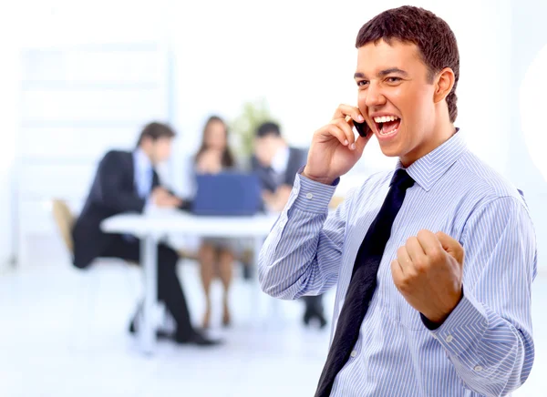 One very happy energetic businessman with his arms raised — Stock Photo, Image
