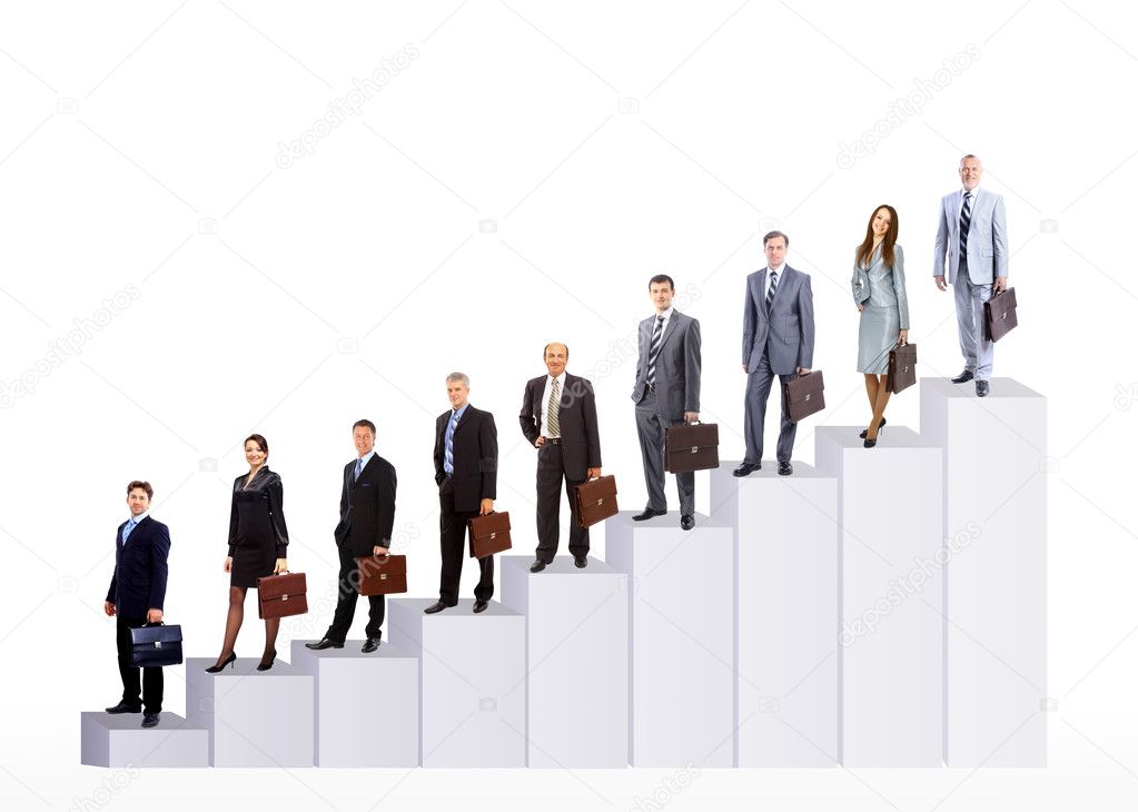Business team and diagram. Isolated over white background