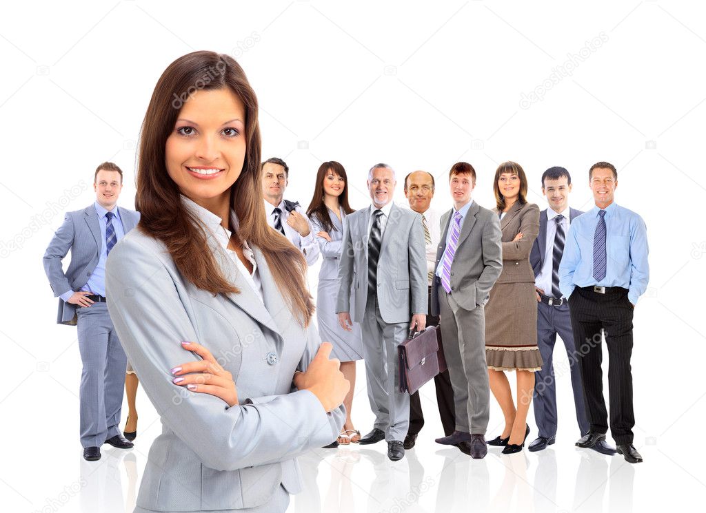 Business woman leading her team isolated over a white background