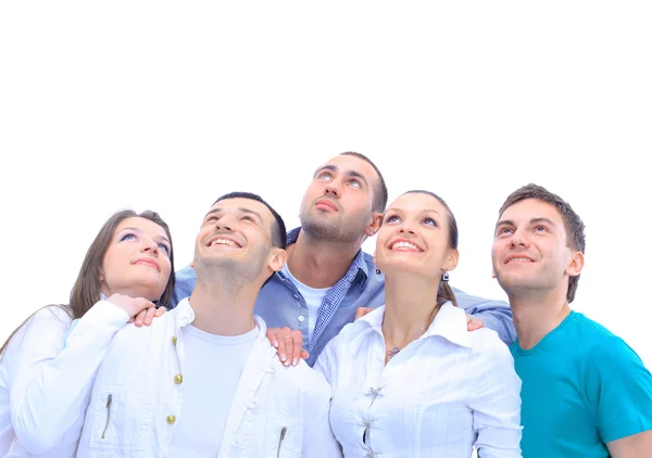 Closeup portrait of many men and women smiling and looking upwards against — Stock Photo, Image