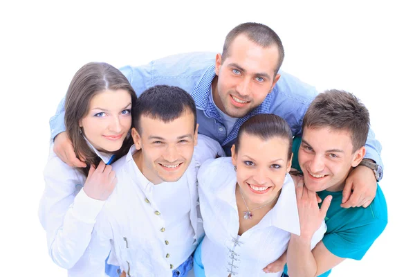 Top view portrait of happy men and women standing together and smiling — Stock Photo, Image