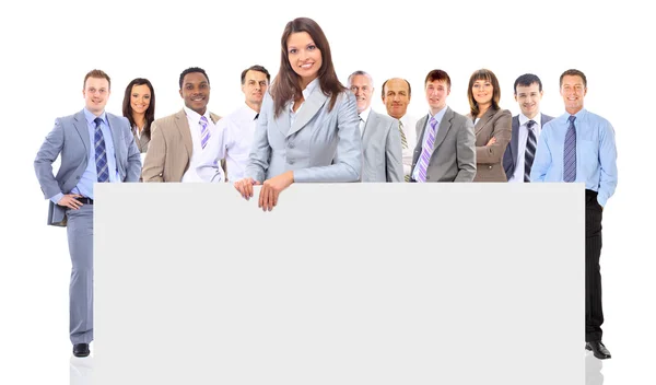 Group of business holding a banner ad isolated on white — Stock Photo, Image