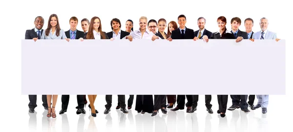Group of business holding a banner ad isolated on white — Stock Photo, Image