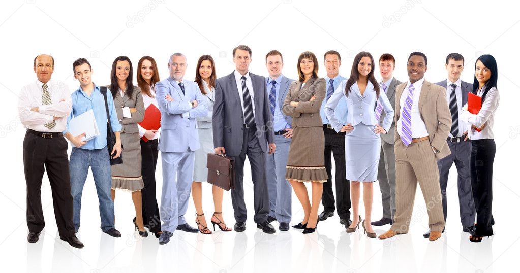 Business team formed of young businessmen standing over a white background