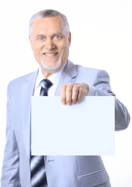 Homem de negócios mostra seu cartão de visita em branco - basta adicionar seu texto ! — Fotografia de Stock