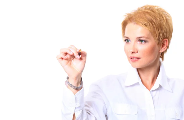 Kaukasische blond zakenvrouw schrijven op witte geïsoleerde achtergrond — Stockfoto