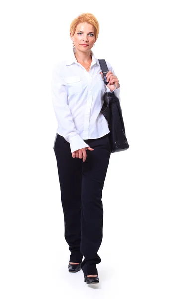 Γυναίκα καυκάσιος ξανθά επιχείρηση εγγράφως σε άσπρο φόντο απομονωμένες. — ストック写真