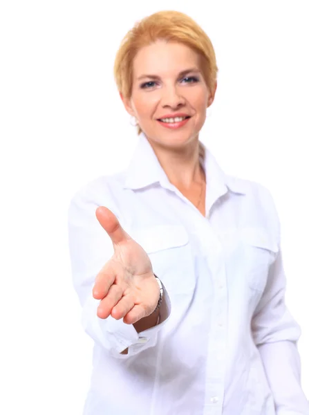 Портрет розумної жінки простягає руку, щоб потиснути руки ізольовано на — стокове фото