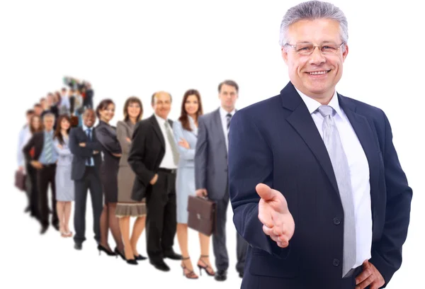 Ο άνθρωπος των επιχειρήσεων και η ομάδα του απομονωθεί πάνω σε λευκό φόντο — Φωτογραφία Αρχείου
