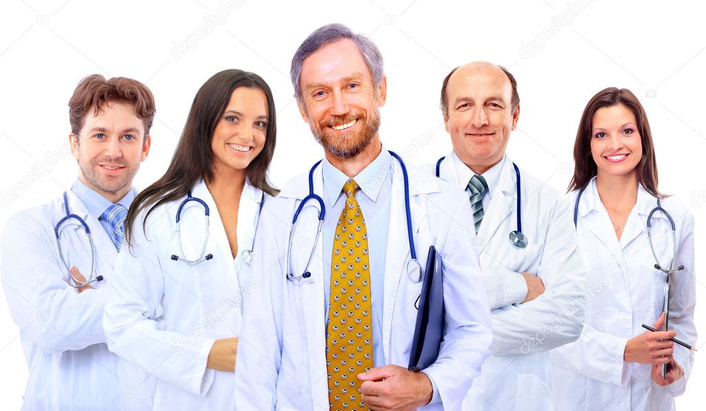Portrait of group of smiling hospital colleagues standing together