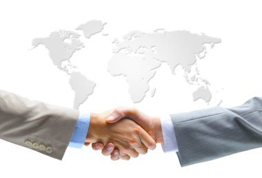 Handshake with map of the world in background clipart