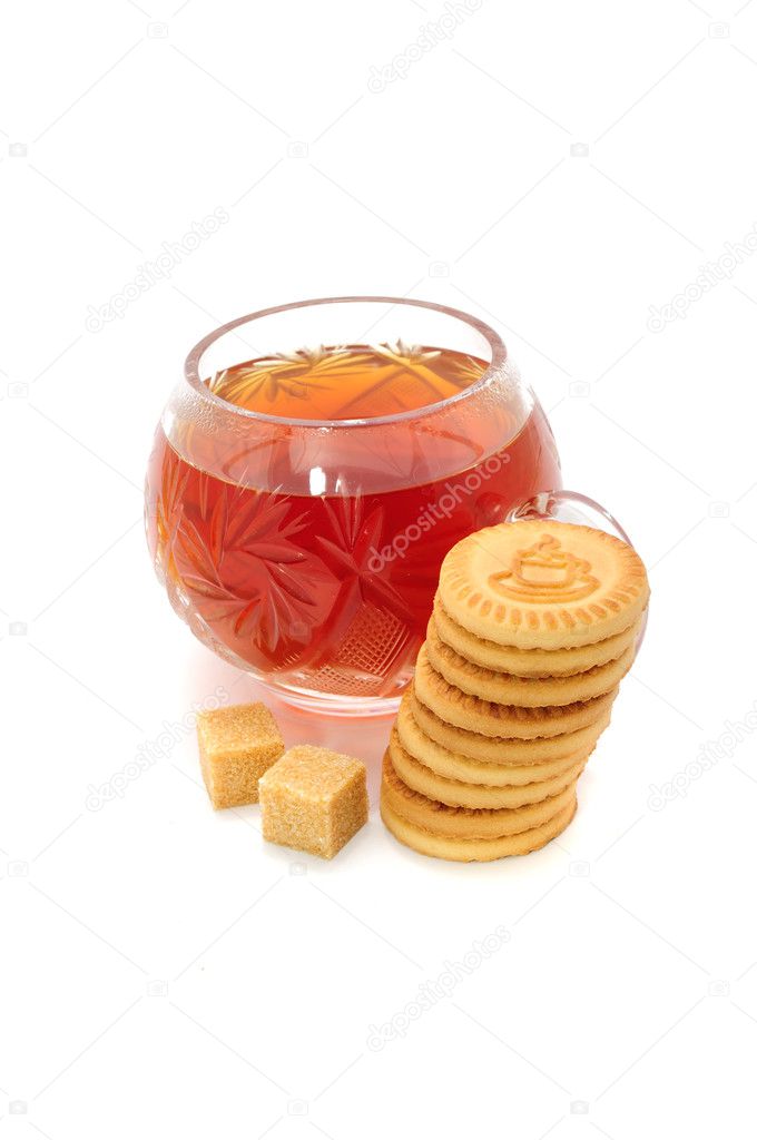 Cup of Tea, Cookies and Sugar Isolated on White Background