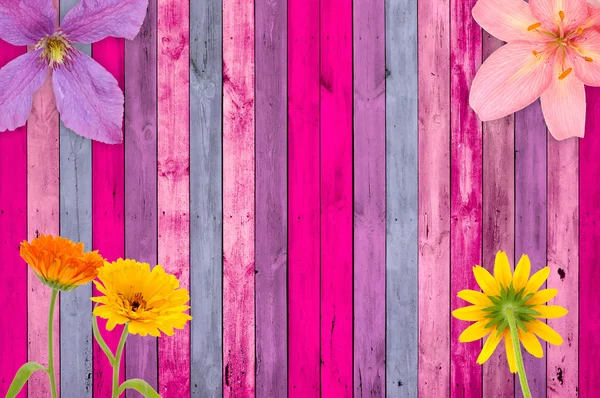 Fondo de madera rosa con flores — Foto de Stock
