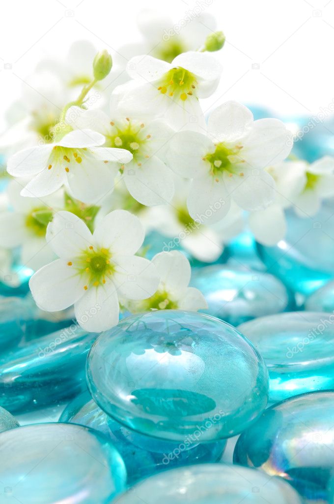 White Flowers on Blue Glass Stones
