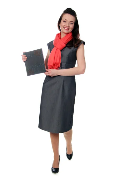 Frau mit leerem Schild in Businesskleidung — Stockfoto
