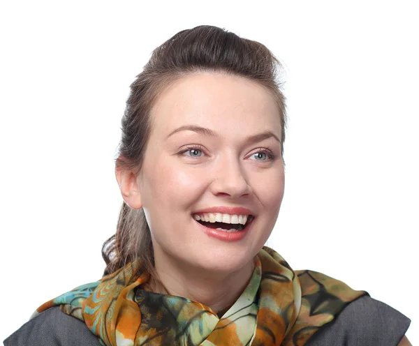 Szoros portré egy boldog fiatal nőről, aki mosolyog — Stock Fotó