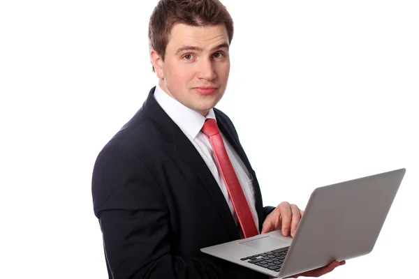 Ділова людина з ноутбуком ізольовано над білим — стокове фото