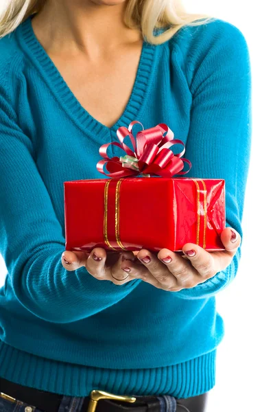 Girl with present box in hand — Stock Photo, Image