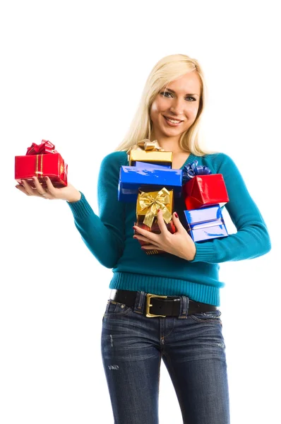 Flicka med presentera box i hand — Stockfoto