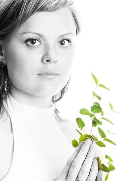 Beautiful girl with a green plant — Stock Photo, Image