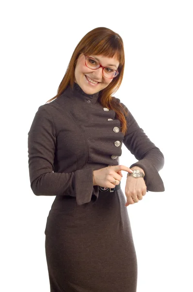 Unga företag lady visar hennes klocka — Stockfoto