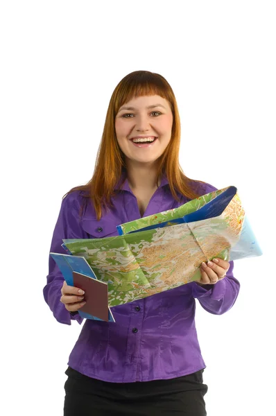 Porträtt av unga företag dam med karta och pass — Stockfoto