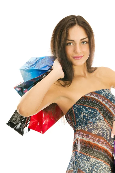 Piękna dziewczyna z torbami na zakupy — Zdjęcie stockowe