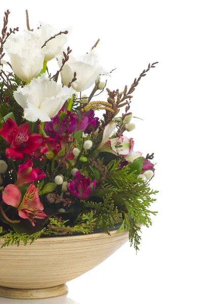 チューリップ、ヤナギおよびクロベ、白で隔離されるの花束 — ストック写真