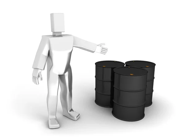 3D Man показывает баррели нефти — стоковое фото