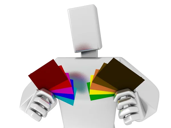 3D άνθρωπος επιλέγει τα χρωματιστά χαρτιά — Φωτογραφία Αρχείου