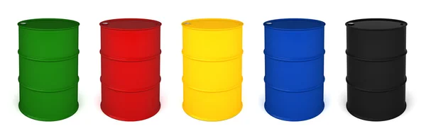 Cinco barriles de colores 3D render — Foto de Stock