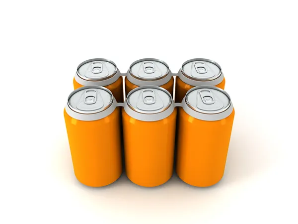 Ilustração 3d de seis latas de alumínio laranja — Fotografia de Stock
