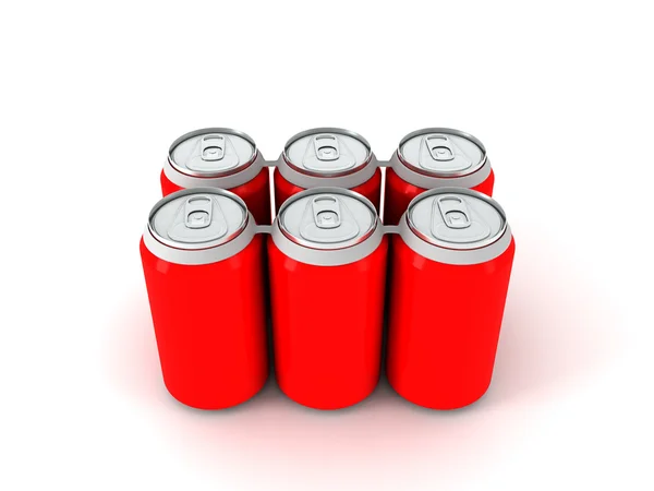 Ilustração 3d de seis latas de alumínio vermelho — Fotografia de Stock
