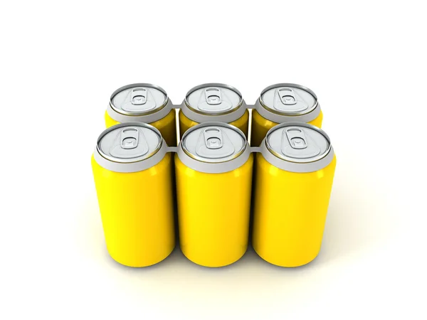 Ilustração 3d de seis latas de alumínio amarelo — Fotografia de Stock