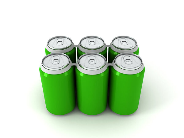 3d illustration of six green aluminum cans