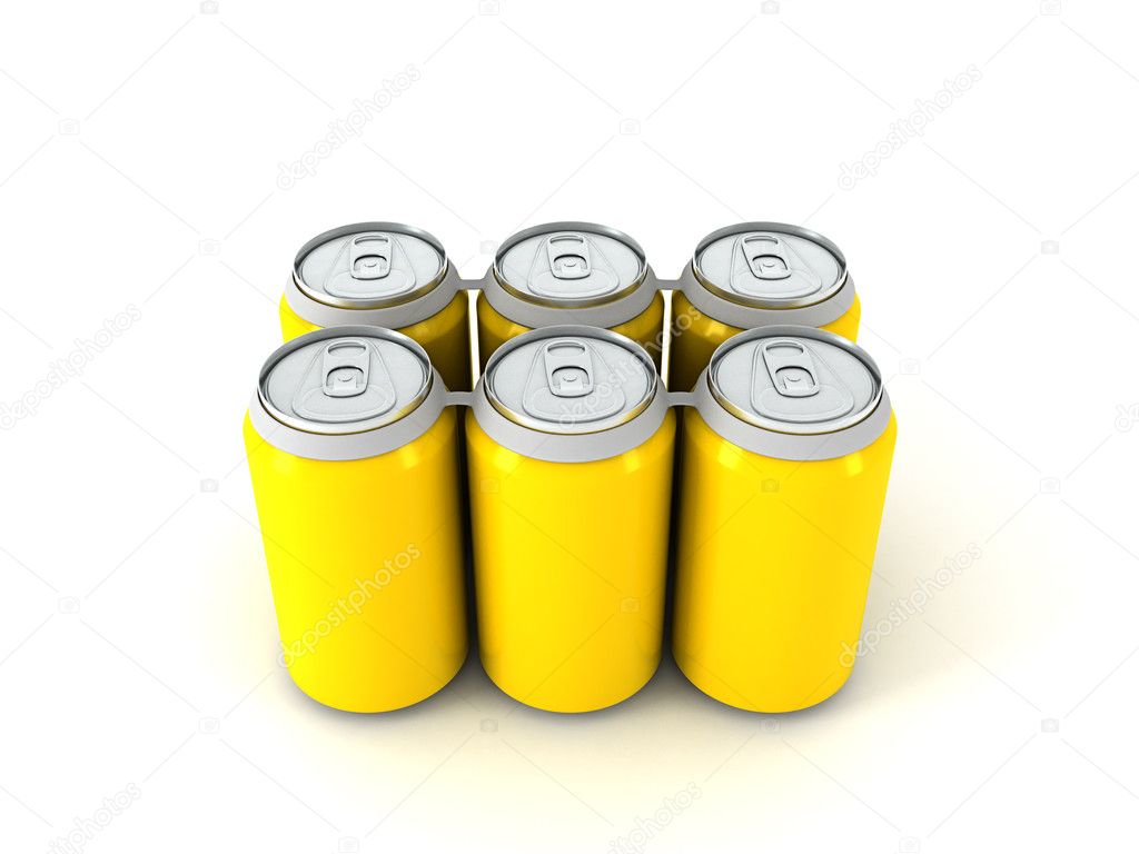 3d illustration of six yellow aluminum cans