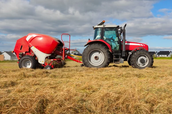 Traktor sammelt Heuhaufen auf dem Feld — Stockfoto