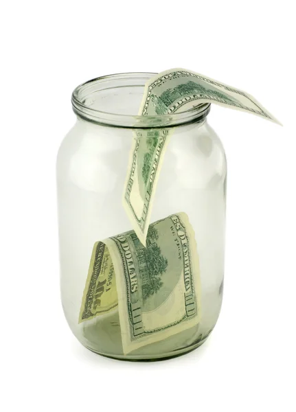 Glass jar of hundreds of dollars — Stock Photo, Image