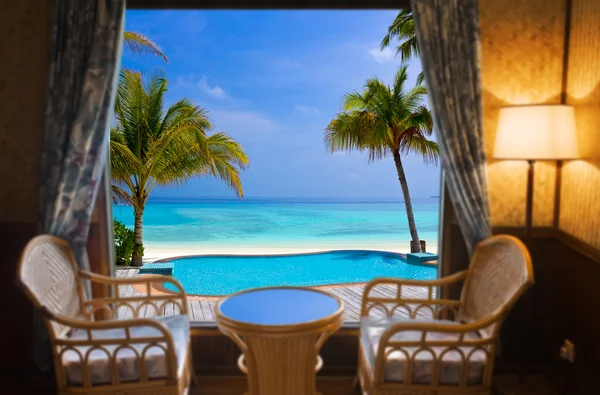 stock image Hotel room and tropical landscape