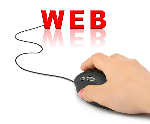 Hand med dator mus och word web — Stockfoto